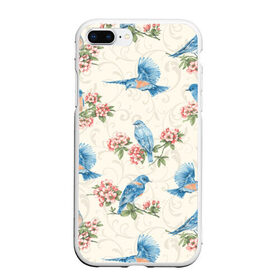 Чехол для iPhone 7Plus/8 Plus матовый с принтом Синие птицы в Курске, Силикон | Область печати: задняя сторона чехла, без боковых панелей | арт | вектор | ветка | ветки | жёлтый | зеленый | птица | птицы | рисунок | рисунок карандашом | розовый | синий | цветок | цветочная ветка | цветочные ветки | цветы