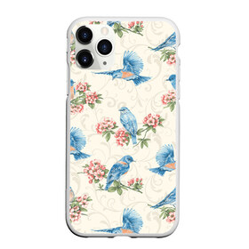Чехол для iPhone 11 Pro Max матовый с принтом Синие птицы в Курске, Силикон |  | арт | вектор | ветка | ветки | жёлтый | зеленый | птица | птицы | рисунок | рисунок карандашом | розовый | синий | цветок | цветочная ветка | цветочные ветки | цветы