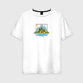 Женская футболка хлопок Oversize с принтом The world в Курске, 100% хлопок | свободный крой, круглый ворот, спущенный рукав, длина до линии бедер
 | travel | world | горы | деревья | минимализм | мир | озеро. | палатка | планета | природа | путешествие | солнце