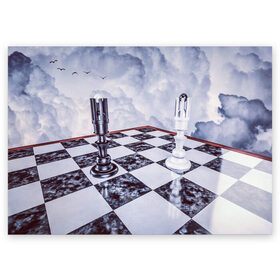 Поздравительная открытка с принтом Шахматы в Курске, 100% бумага | плотность бумаги 280 г/м2, матовая, на обратной стороне линовка и место для марки
 | доска | игра | игровая | игры | короли | король | настольная | настольные | небеса | небо | облака | облако | спорт | туча | тучи | шахматный | шахматы