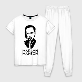 Женская пижама хлопок с принтом Мэрилин Мэнсон в Курске, 100% хлопок | брюки и футболка прямого кроя, без карманов, на брюках мягкая резинка на поясе и по низу штанин | marilyn manson | rock | готика | музыка | мэрилин мэнсон | рок