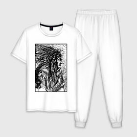 Мужская пижама хлопок с принтом Drawing indian в Курске, 100% хлопок | брюки и футболка прямого кроя, без карманов, на брюках мягкая резинка на поясе и по низу штанин
 | black | drawing | indian | индеец | рисунок | черный