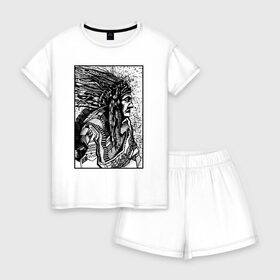 Женская пижама с шортиками хлопок с принтом Drawing indian в Курске, 100% хлопок | футболка прямого кроя, шорты свободные с широкой мягкой резинкой | black | drawing | indian | индеец | рисунок | черный