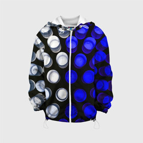 Детская куртка 3D с принтом GGGelt в Курске, 100% полиэстер | застежка — молния, подол и капюшон оформлены резинкой с фиксаторами, по бокам — два кармана без застежек, один потайной карман на груди, плотность верхнего слоя — 90 г/м2; плотность флисового подклада — 260 г/м2 | Тематика изображения на принте: abstraction | blue | circles | light | shapes | white | абстракция | белый | круги | свет | синий | формы