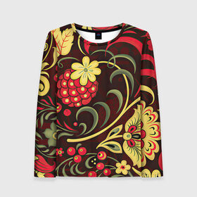 Женский лонгслив 3D с принтом Хохлома в Курске, 100% полиэстер | длинные рукава, круглый вырез горловины, полуприлегающий силуэт | арт | вектор | желтый | зеленый | золотой | красный | малина | народный рисунок | рисунок | хохлома | цветок | цветы | чёрный | ягода | ягоды