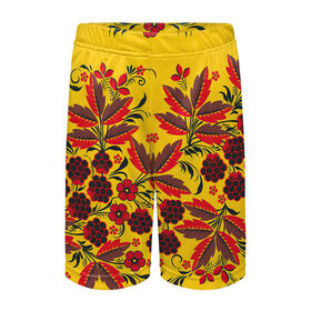 Детские спортивные шорты 3D с принтом Хохлома в Курске,  100% полиэстер
 | пояс оформлен широкой мягкой резинкой, ткань тянется
 | арт | вектор | желтый | зеленый | золотой | красный | народный рисунок | рисунок | хохлома | цветок | цветы | чёрный