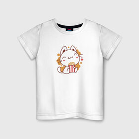 Детская футболка хлопок с принтом Поп-корн и кот в Курске, 100% хлопок | круглый вырез горловины, полуприлегающий силуэт, длина до линии бедер | popcorn | кино | кот | кошка | поп корн | попкорн
