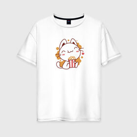 Женская футболка хлопок Oversize с принтом Поп-корн и кот в Курске, 100% хлопок | свободный крой, круглый ворот, спущенный рукав, длина до линии бедер
 | popcorn | кино | кот | кошка | поп корн | попкорн