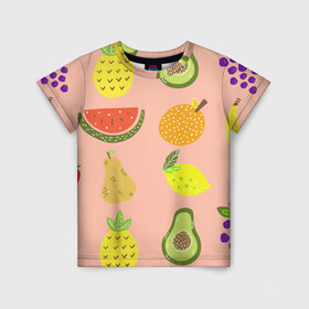 Детская футболка 3D с принтом Фруктики в Курске, 100% гипоаллергенный полиэфир | прямой крой, круглый вырез горловины, длина до линии бедер, чуть спущенное плечо, ткань немного тянется | Тематика изображения на принте: авокадо | ананас | апельсин | арбуз | виноград | груша | лимон | фрукт