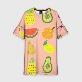 Детское платье 3D с принтом Фруктики в Курске, 100% полиэстер | прямой силуэт, чуть расширенный к низу. Круглая горловина, на рукавах — воланы | Тематика изображения на принте: авокадо | ананас | апельсин | арбуз | виноград | груша | лимон | фрукт