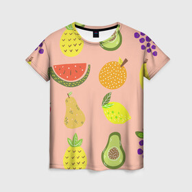 Женская футболка 3D с принтом Фруктики в Курске, 100% полиэфир ( синтетическое хлопкоподобное полотно) | прямой крой, круглый вырез горловины, длина до линии бедер | авокадо | ананас | апельсин | арбуз | виноград | груша | лимон | фрукт