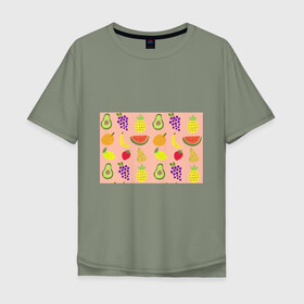 Мужская футболка хлопок Oversize с принтом Фруктики в Курске, 100% хлопок | свободный крой, круглый ворот, “спинка” длиннее передней части | авокадо | ананас | апельсин | арбуз | виноград | груша | лимон | фрукт