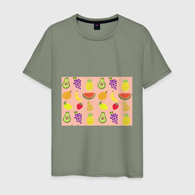 Мужская футболка хлопок с принтом Фруктики в Курске, 100% хлопок | прямой крой, круглый вырез горловины, длина до линии бедер, слегка спущенное плечо. | авокадо | ананас | апельсин | арбуз | виноград | груша | лимон | фрукт