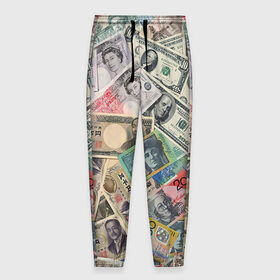 Мужские брюки 3D с принтом Деньги в Курске, 100% полиэстер | манжеты по низу, эластичный пояс регулируется шнурком, по бокам два кармана без застежек, внутренняя часть кармана из мелкой сетки | арт | банкноты | валюта | деньги | доллары | зеленый | иена | красный | серый | синий | фунт стерлингов | юани