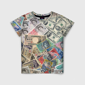 Детская футболка 3D с принтом Деньги в Курске, 100% гипоаллергенный полиэфир | прямой крой, круглый вырез горловины, длина до линии бедер, чуть спущенное плечо, ткань немного тянется | арт | банкноты | валюта | деньги | доллары | зеленый | иена | красный | серый | синий | фунт стерлингов | юани