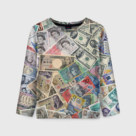 Детский лонгслив 3D с принтом Деньги в Курске, 100% полиэстер | длинные рукава, круглый вырез горловины, полуприлегающий силуэт
 | арт | банкноты | валюта | деньги | доллары | зеленый | иена | красный | серый | синий | фунт стерлингов | юани