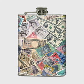 Фляга с принтом Деньги в Курске, металлический корпус | емкость 0,22 л, размер 125 х 94 мм. Виниловая наклейка запечатывается полностью | арт | банкноты | валюта | деньги | доллары | зеленый | иена | красный | серый | синий | фунт стерлингов | юани