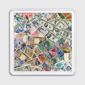 Магнит 55*55 с принтом Деньги в Курске, Пластик | Размер: 65*65 мм; Размер печати: 55*55 мм | арт | банкноты | валюта | деньги | доллары | зеленый | иена | красный | серый | синий | фунт стерлингов | юани