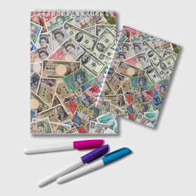 Блокнот с принтом Деньги в Курске, 100% бумага | 48 листов, плотность листов — 60 г/м2, плотность картонной обложки — 250 г/м2. Листы скреплены удобной пружинной спиралью. Цвет линий — светло-серый
 | арт | банкноты | валюта | деньги | доллары | зеленый | иена | красный | серый | синий | фунт стерлингов | юани