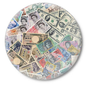Значок с принтом Деньги в Курске,  металл | круглая форма, металлическая застежка в виде булавки | арт | банкноты | валюта | деньги | доллары | зеленый | иена | красный | серый | синий | фунт стерлингов | юани