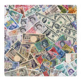 Магнитный плакат 3Х3 с принтом Деньги в Курске, Полимерный материал с магнитным слоем | 9 деталей размером 9*9 см | арт | банкноты | валюта | деньги | доллары | зеленый | иена | красный | серый | синий | фунт стерлингов | юани