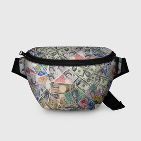 Поясная сумка 3D с принтом Деньги в Курске, 100% полиэстер | плотная ткань, ремень с регулируемой длиной, внутри несколько карманов для мелочей, основное отделение и карман с обратной стороны сумки застегиваются на молнию | арт | банкноты | валюта | деньги | доллары | зеленый | иена | красный | серый | синий | фунт стерлингов | юани