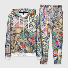 Мужской костюм 3D с принтом Деньги в Курске, 100% полиэстер | Манжеты и пояс оформлены тканевой резинкой, двухслойный капюшон со шнурком для регулировки, карманы спереди | арт | банкноты | валюта | деньги | доллары | зеленый | иена | красный | серый | синий | фунт стерлингов | юани