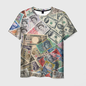 Мужская футболка 3D с принтом Деньги в Курске, 100% полиэфир | прямой крой, круглый вырез горловины, длина до линии бедер | арт | банкноты | валюта | деньги | доллары | зеленый | иена | красный | серый | синий | фунт стерлингов | юани