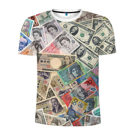 Мужская футболка 3D спортивная с принтом Деньги в Курске, 100% полиэстер с улучшенными характеристиками | приталенный силуэт, круглая горловина, широкие плечи, сужается к линии бедра | арт | банкноты | валюта | деньги | доллары | зеленый | иена | красный | серый | синий | фунт стерлингов | юани