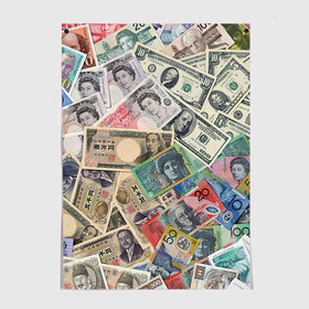 Постер с принтом Деньги в Курске, 100% бумага
 | бумага, плотность 150 мг. Матовая, но за счет высокого коэффициента гладкости имеет небольшой блеск и дает на свету блики, но в отличии от глянцевой бумаги не покрыта лаком | арт | банкноты | валюта | деньги | доллары | зеленый | иена | красный | серый | синий | фунт стерлингов | юани