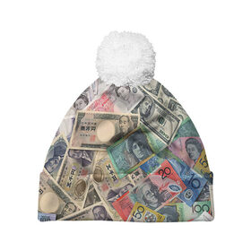 Шапка 3D c помпоном с принтом Деньги в Курске, 100% полиэстер | универсальный размер, печать по всей поверхности изделия | арт | банкноты | валюта | деньги | доллары | зеленый | иена | красный | серый | синий | фунт стерлингов | юани