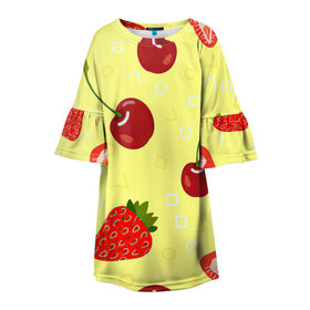 Детское платье 3D с принтом Черешня и клубника в Курске, 100% полиэстер | прямой силуэт, чуть расширенный к низу. Круглая горловина, на рукавах — воланы | арт | вишня | жёлтый | зеленый | клубника | красный | рисунок | черешня | ягода