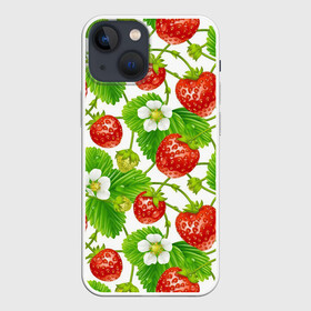 Чехол для iPhone 13 mini с принтом Земляника в Курске,  |  | Тематика изображения на принте: арт | белые цветы | белый | белый цветок | зеленый | земляника | клубника | красный | лесная ягода | лесные ягоды | листва | листья | растение | рисунок | цветок | цветы