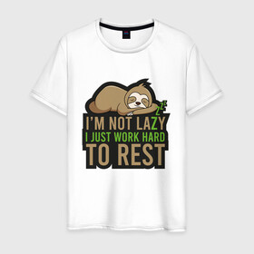 Мужская футболка хлопок с принтом Я много работаю чтобы отдохнуть в Курске, 100% хлопок | прямой крой, круглый вырез горловины, длина до линии бедер, слегка спущенное плечо. | im not lazy i just work hard to rest | ленивец | ленивец спит | ленивый | лень | надпись | сон | я не ленивый я много работаю чтобы отдохнуть