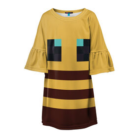 Детское платье 3D с принтом Minecraft Bee в Курске, 100% полиэстер | прямой силуэт, чуть расширенный к низу. Круглая горловина, на рукавах — воланы | Тематика изображения на принте: bee | minecraft | майнкрафт | пчела | пчёлка | пчелобав