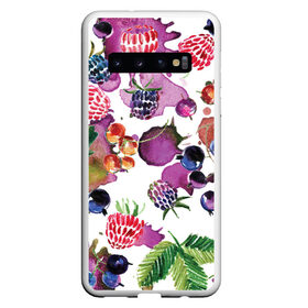 Чехол для Samsung Galaxy S10 с принтом Ягоды в Курске, Силикон | Область печати: задняя сторона чехла, без боковых панелей | Тематика изображения на принте: арт | зеленый | краска | краски | красный | листок | листья | малина | пятна | пятна краски | растение | рисунок | синий | тёмный | фиолетовый | чёрная малина | черника