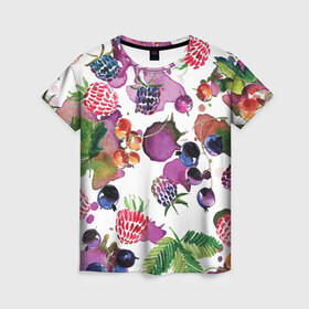 Женская футболка 3D с принтом Ягоды в Курске, 100% полиэфир ( синтетическое хлопкоподобное полотно) | прямой крой, круглый вырез горловины, длина до линии бедер | арт | зеленый | краска | краски | красный | листок | листья | малина | пятна | пятна краски | растение | рисунок | синий | тёмный | фиолетовый | чёрная малина | черника