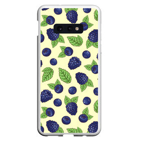 Чехол для Samsung S10E с принтом Синие ягоды в Курске, Силикон | Область печати: задняя сторона чехла, без боковых панелей | арт | желтый | зеленый | кремовый | лист | листок | листья | малина | рисунок | синий | синяя малина | синяя черника | чёрная малина | черника
