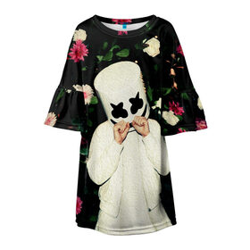 Детское платье 3D с принтом MARSHMELLO в Курске, 100% полиэстер | прямой силуэт, чуть расширенный к низу. Круглая горловина, на рукавах — воланы | fortnite | marshmallo | marshmallow | marshmello | marshmellow | маршмелло | маршмеллоу | розы | фортнайт