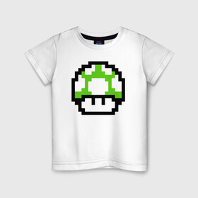 Детская футболка хлопок с принтом Гриб Марио в Курске, 100% хлопок | круглый вырез горловины, полуприлегающий силуэт, длина до линии бедер | 8 bit | 8 бит | 8bit | 8бит | art | dendy | mario | mushroom | pixel | super | арт | гриб | денди | марио | пиксель | супер