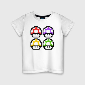 Детская футболка хлопок с принтом Грибы Марио в Курске, 100% хлопок | круглый вырез горловины, полуприлегающий силуэт, длина до линии бедер | 8 bit | 8 бит | 8bit | 8бит | art | dendy | mario | mushroom | pixel | super | арт | гриб | денди | марио | пиксель | супер