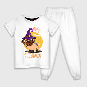 Детская пижама хлопок с принтом Веселого Хэллоуина в Курске, 100% хлопок |  брюки и футболка прямого кроя, без карманов, на брюках мягкая резинка на поясе и по низу штанин
 | dog | halloween | happy halloween | веселого хэллоуина | зубы | лапы | мем | мопс | мопс в шляпе | пес | прикол | смешные животные | собака | собака в шляпе | хэллоуин | щенок | юмор | язык