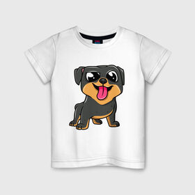 Детская футболка хлопок с принтом Ротвейлер в Курске, 100% хлопок | круглый вырез горловины, полуприлегающий силуэт, длина до линии бедер | dog | rotweiler | зубы | лапы | мем | пес | прикол | ротвейлер | смешные животные | собака | собака с языком | собачка | щенок | юмор | язык