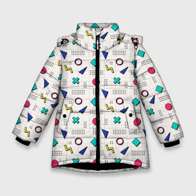 Зимняя куртка для девочек 3D с принтом Цветные фигуры в Курске, ткань верха — 100% полиэстер; подклад — 100% полиэстер, утеплитель — 100% полиэстер. | длина ниже бедра, удлиненная спинка, воротник стойка и отстегивающийся капюшон. Есть боковые карманы с листочкой на кнопках, утяжки по низу изделия и внутренний карман на молнии. 

Предусмотрены светоотражающий принт на спинке, радужный светоотражающий элемент на пуллере молнии и на резинке для утяжки. | Тематика изображения на принте: зигзаг | квадрат | крестик | круг | ромб | точка | треугольник