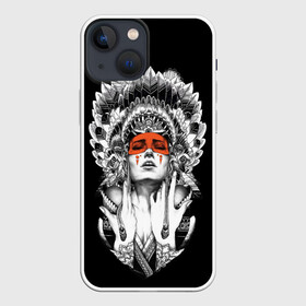 Чехол для iPhone 13 mini с принтом Женщина индеец в Курске,  |  | девушка индеец | индеец | перья на голове | перья. | татуировки