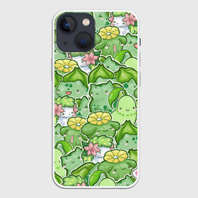 Чехол для iPhone 13 mini с принтом Стая травяных в Курске,  |  | pokemon | pokemon go | арт | бульбазавр | бульбазавры | желтый | жёлтый цветок | зеленый | рисунок | розовый | розовый цветок | стая бульбазавров | цветок | цветочные монстры | цветочный монстр | цветы