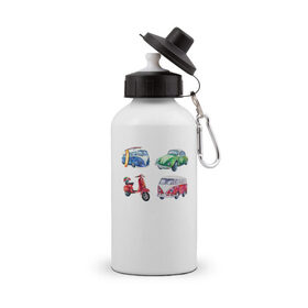 Бутылка спортивная с принтом машинки акварельные в Курске, металл | емкость — 500 мл, в комплекте две пластиковые крышки и карабин для крепления | 