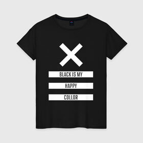 Женская футболка хлопок с принтом Black Color в Курске, 100% хлопок | прямой крой, круглый вырез горловины, длина до линии бедер, слегка спущенное плечо | белый | геометрия | крестик | прямоугольники | счастливый | текст | цвет | черно белый | черный