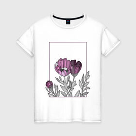 Женская футболка хлопок с принтом Цветы с тонкими линиями в Курске, 100% хлопок | прямой крой, круглый вырез горловины, длина до линии бедер, слегка спущенное плечо | графика | линии | рамка | растение | ртуть | цветы