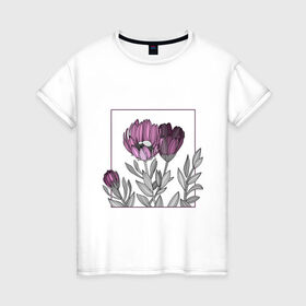 Женская футболка хлопок с принтом Цветы в рамке в Курске, 100% хлопок | прямой крой, круглый вырез горловины, длина до линии бедер, слегка спущенное плечо | графика | линии | рамка | растение | ртуть | цветы